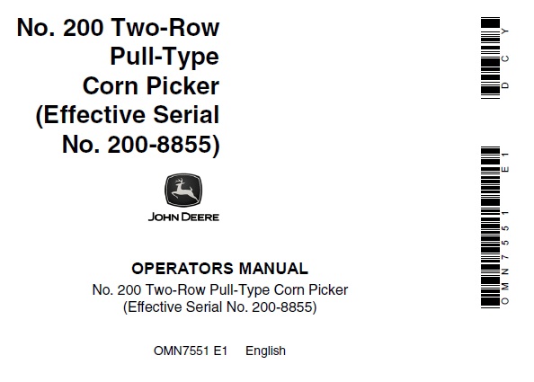 John Deere No. 200 Two-Row Pull-Type Corn Picker (Effective SN 200-8855