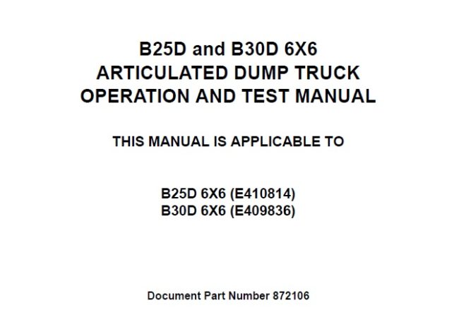 Bell B25D & B30D 6X6 ARTICULATED DUMP TRUCK Operation And Test Manual