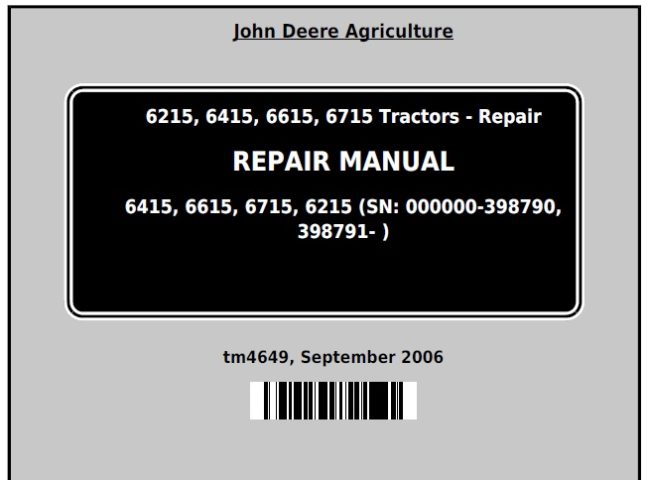 John Deere 6215, 6415, 6615, 6715 Tractors Repair Technical Manual (TM4649)