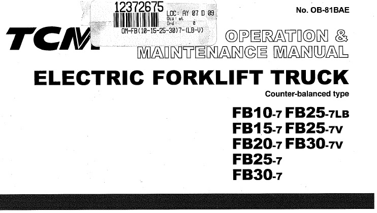 TCM FB10-7 to FB30-7 Forklift Operation & Maintenance Manual