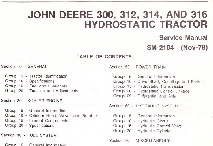 John Deere 300, 312, 314, 316 Hydrostatic Tractor Service Manual