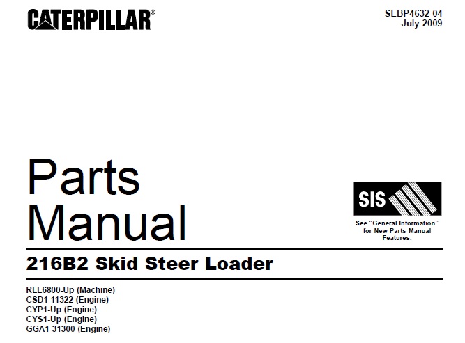 Caterpillar Cat 216B2 Skid Steer Loader Parts Manual (RLL6800-Up)