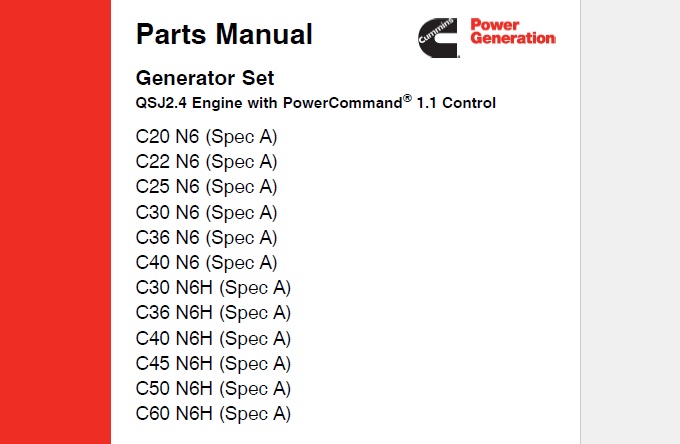 Onan QSJ2.4 Engine (with 1.1 Control) Generator Parts Manual