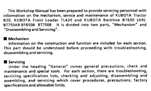 Kubota B20, TL420, BT650, BT750 Tractor Workshop Manual