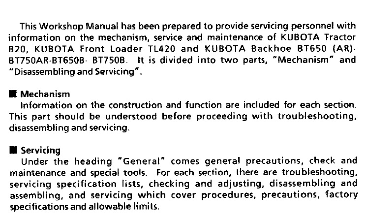 Kubota B20, TL420, BT650, BT750 Tractor Workshop Manual